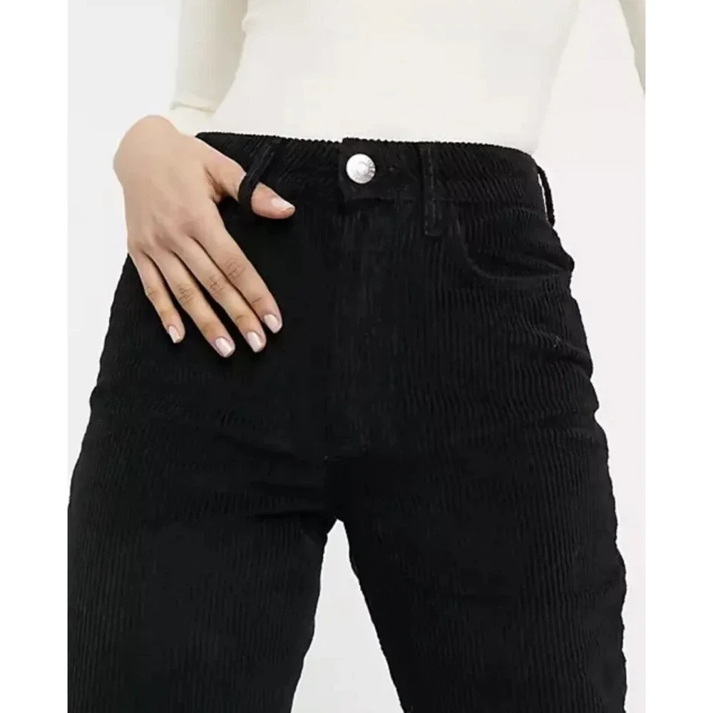 asos Black Corduroy Flare Pants 26/28 Straight Bootcut Jeans Cotton Turkey Crop - Picture 3 of 13
